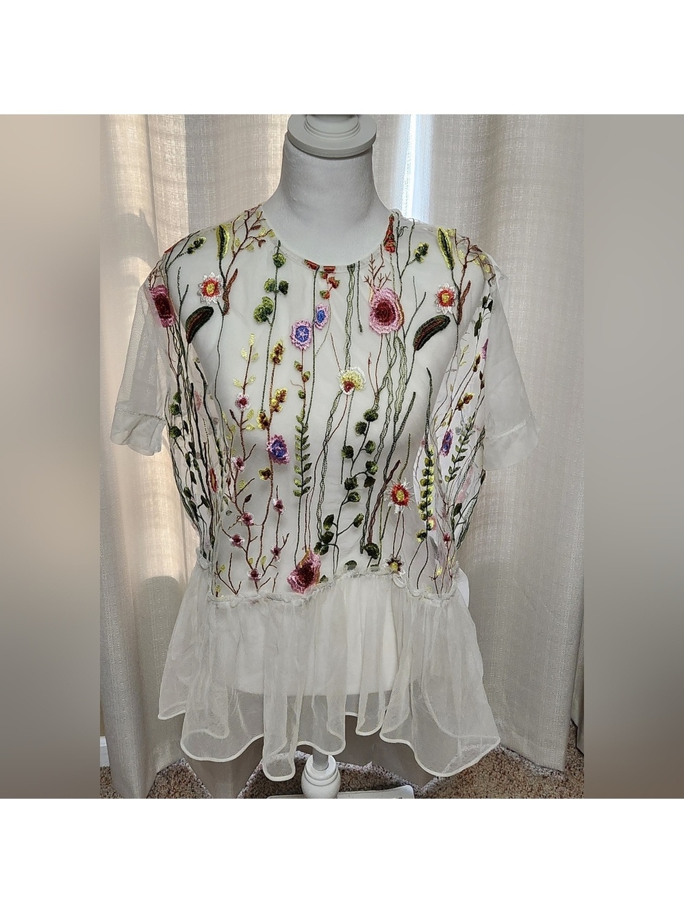 Nylon Apparel Nude Sheer Embroidered Floral Blouse Romantic Whimsical, NWOT, L